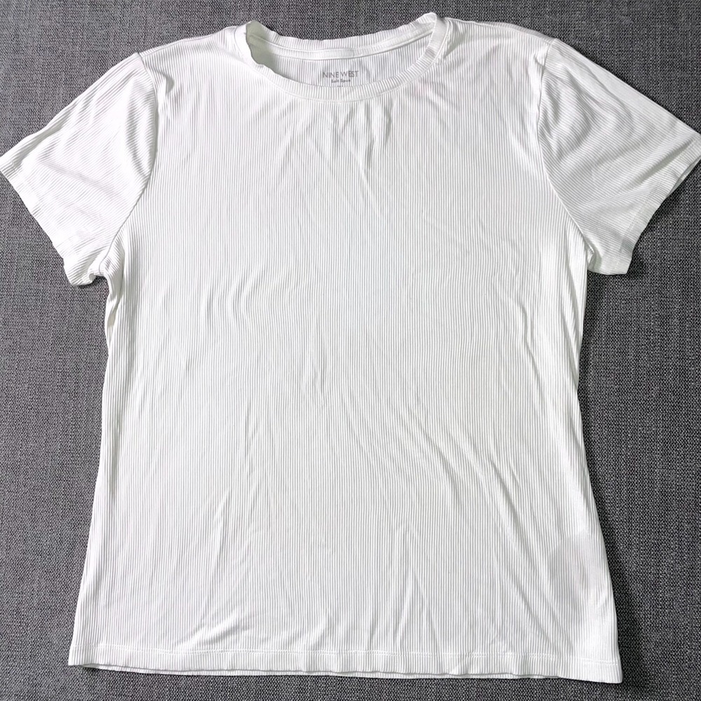 Nine West T Shirt Womens XL White Nylon Stretch Knit Soft‎ Spun Ribbed Crew Neck